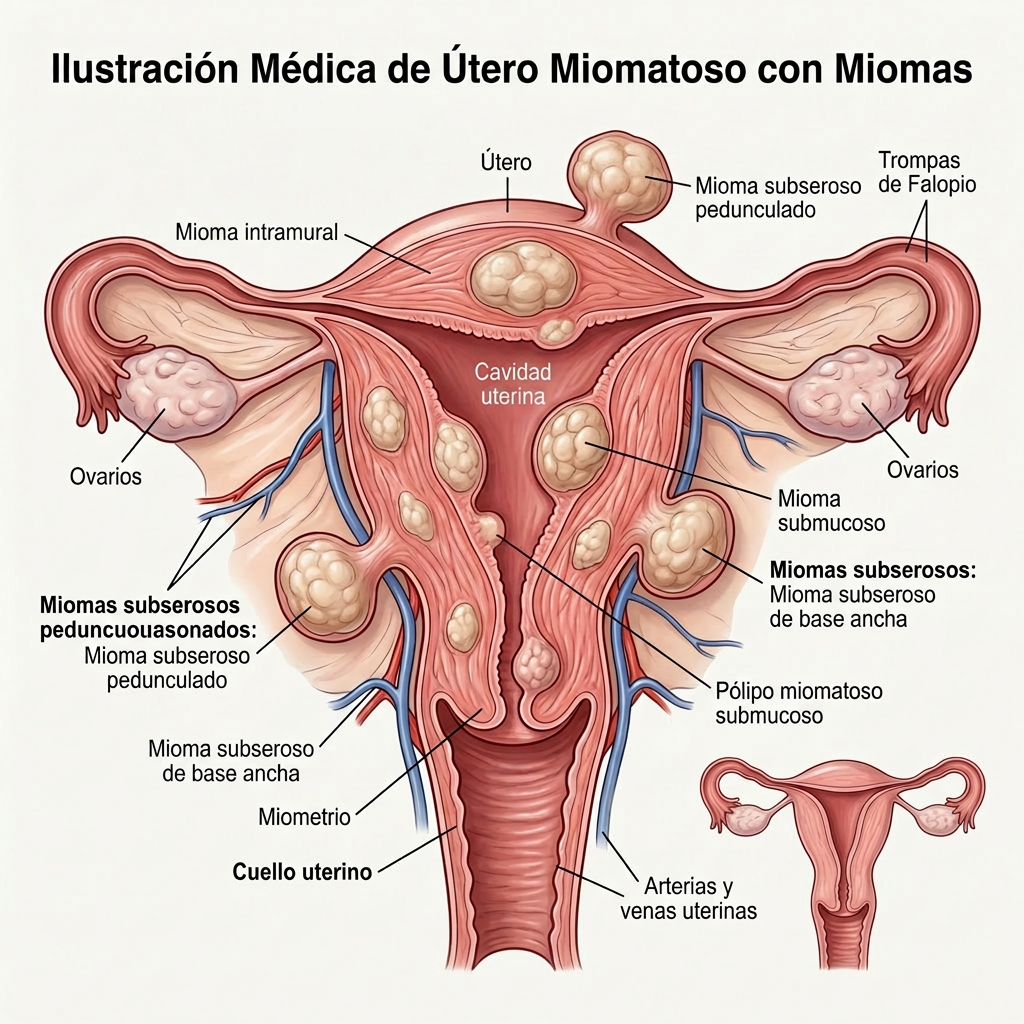 Diagram of uterus with various fibroids labeled including intramural, subserosal, submucosal, and pedunculated types